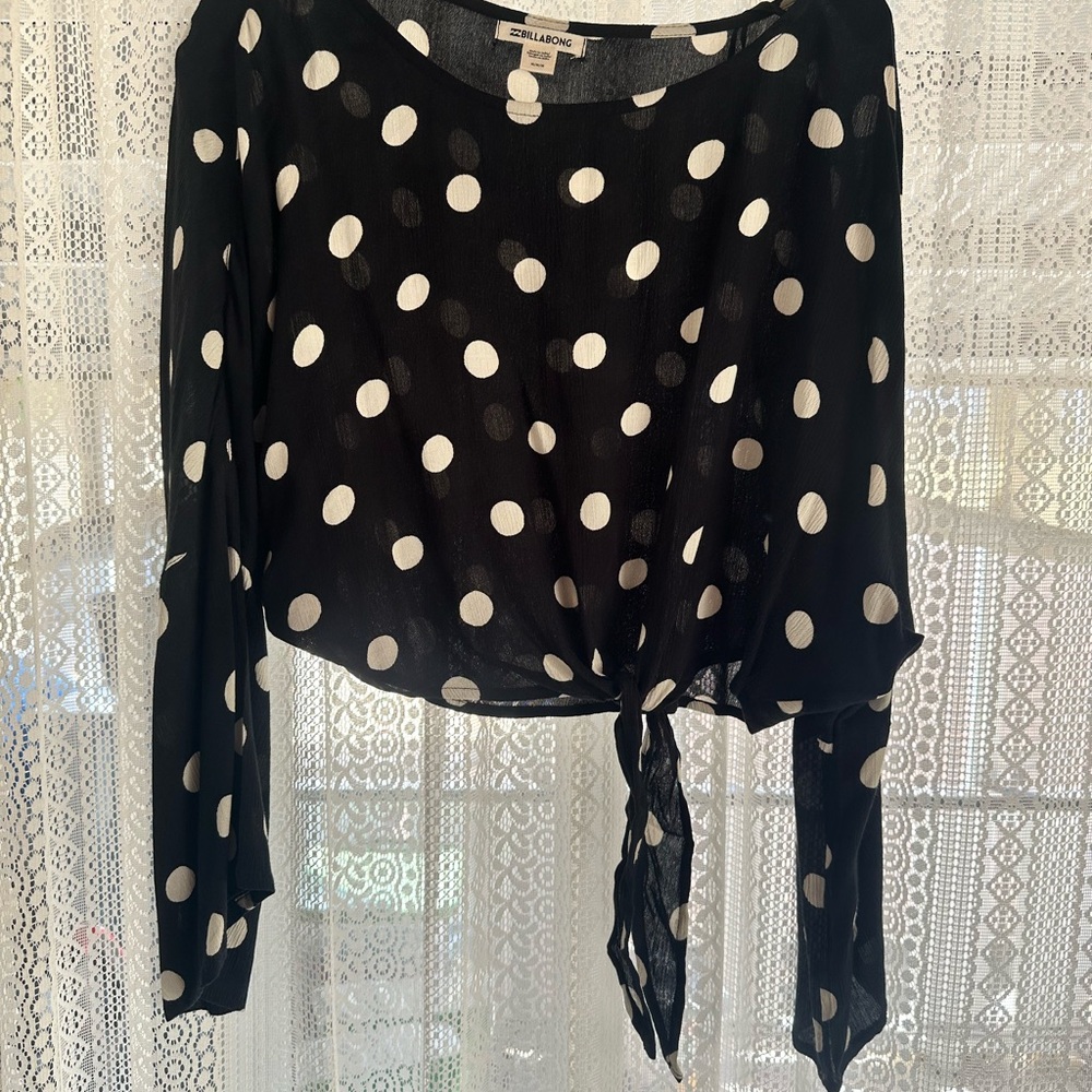 Billabong Black Blouse with White Polka Dots